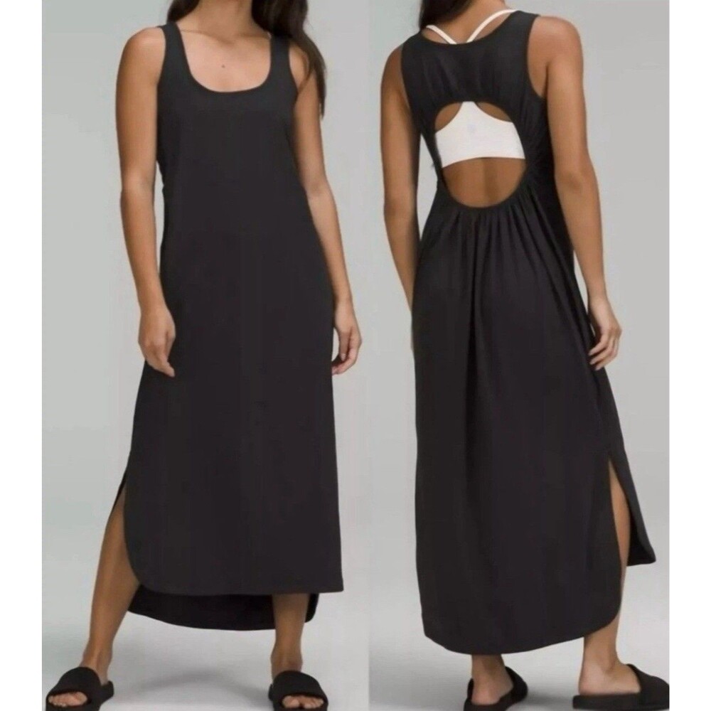 Lululemon‎ Women's Pima Cotton Open Back Midi Dress Size 4 Black Scoop Neck